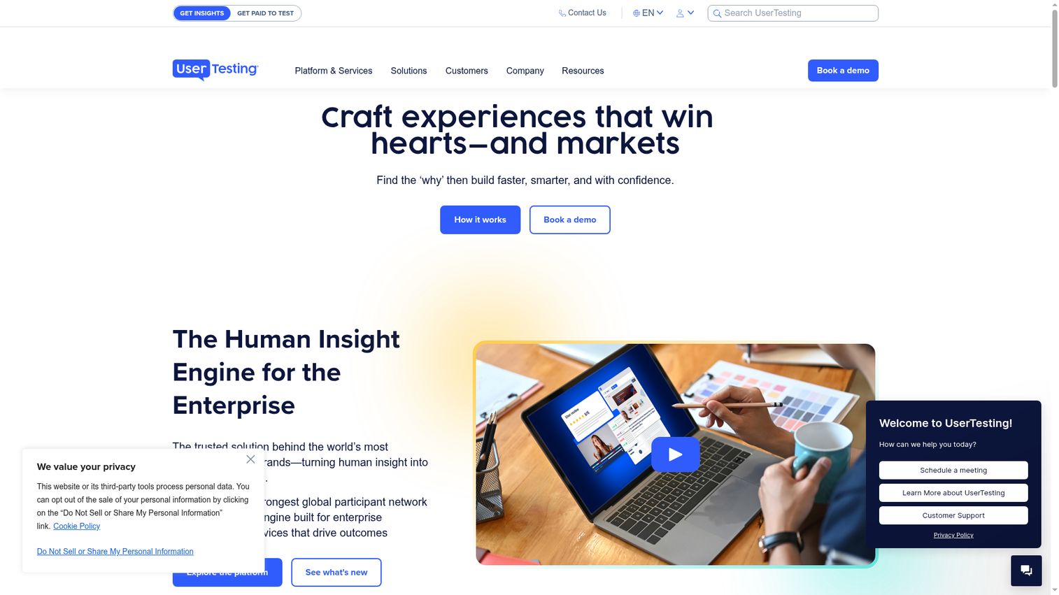 UserTesting homepage - video user testing tool