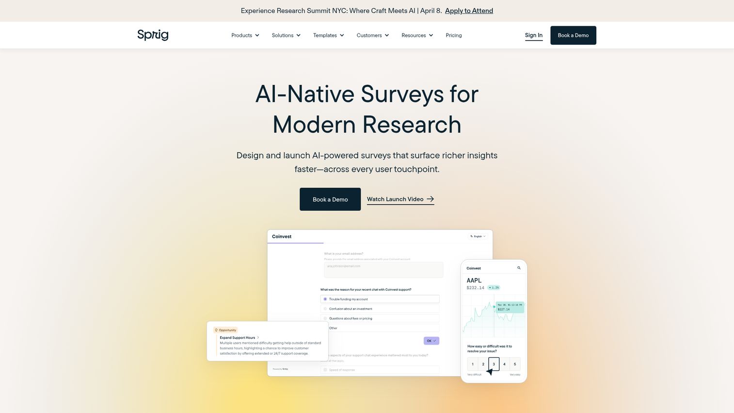 Sprig homepage - in-product survey tool