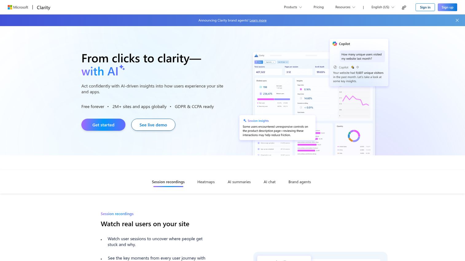 Microsoft Clarity homepage
