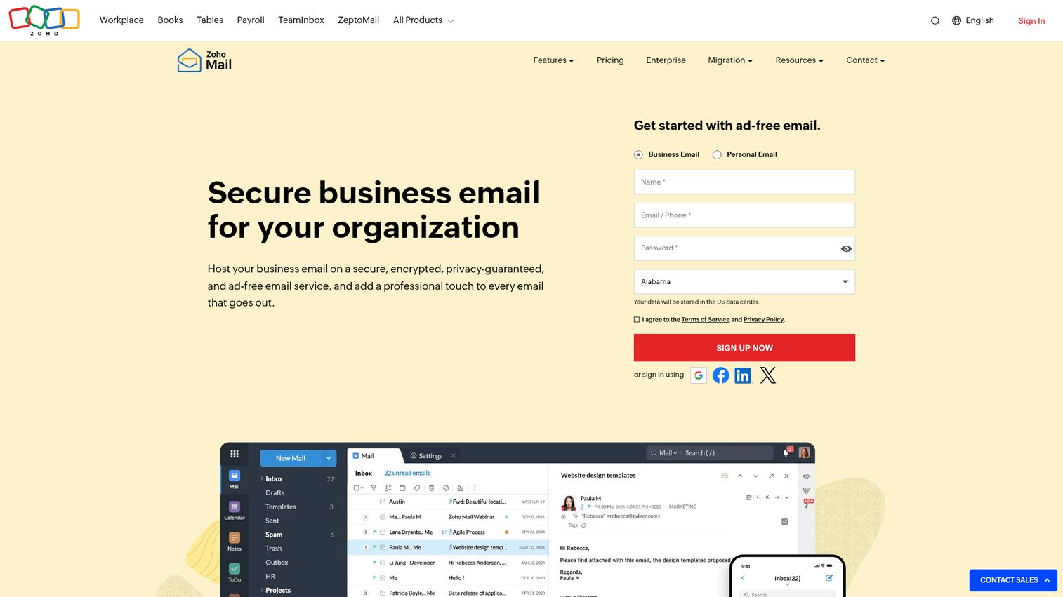Zoho Mail homepage