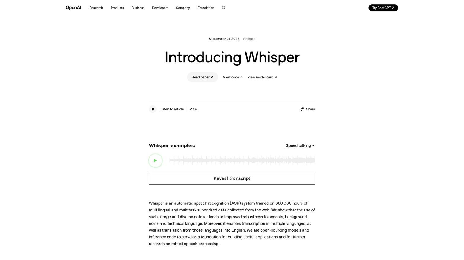 OpenAI Whisper homepage