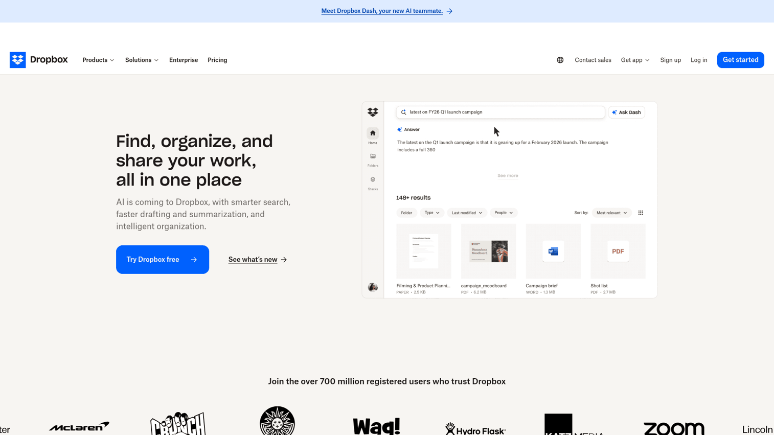 Dropbox homepage