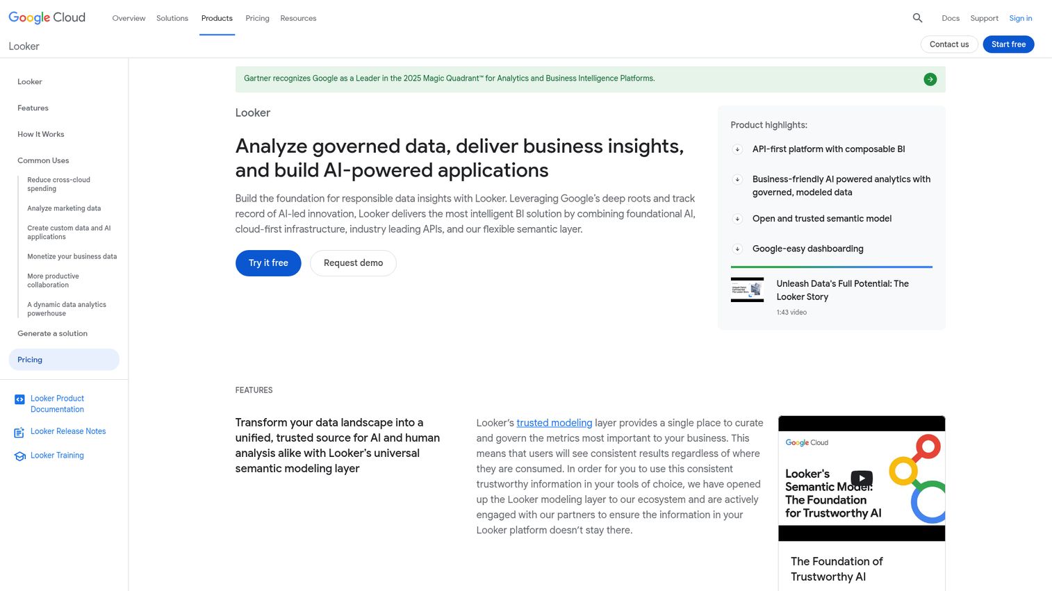Looker (Google Cloud) homepage