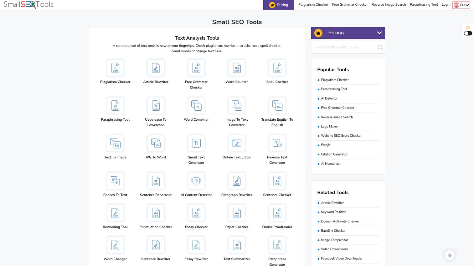 Small SEO Tools homepage