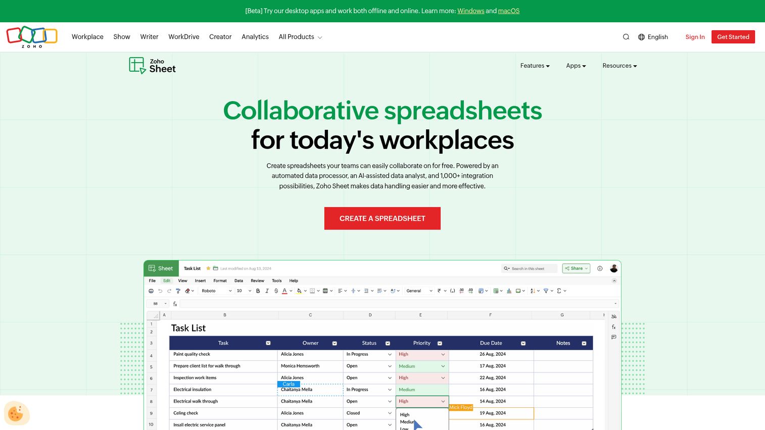 Zoho Sheet homepage