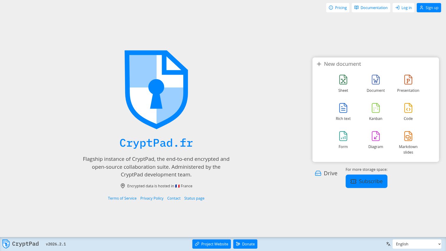 CryptPad Sheet homepage
