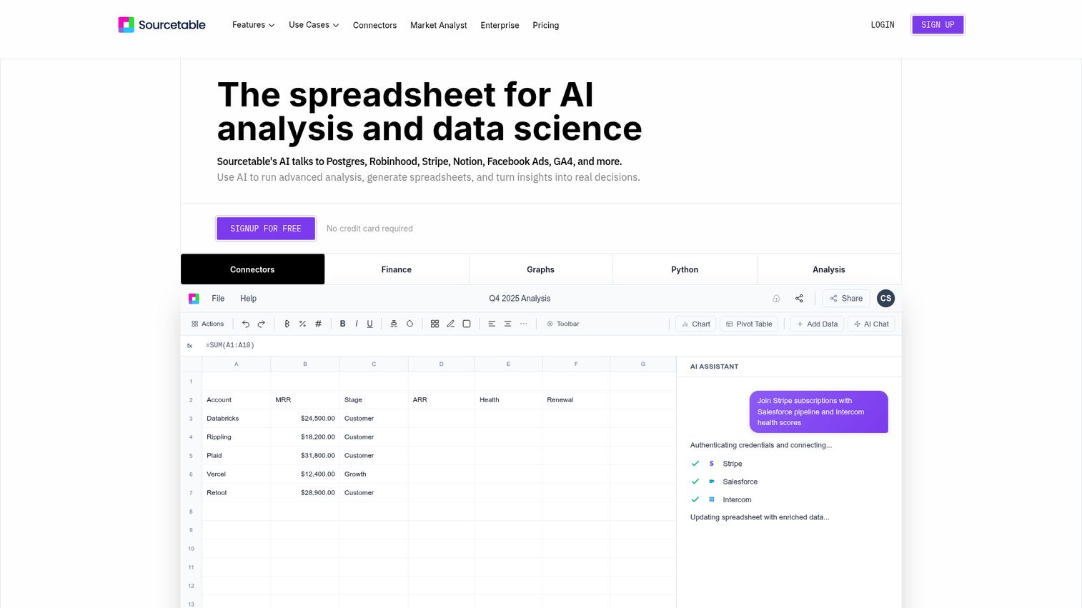 Sourcetable homepage