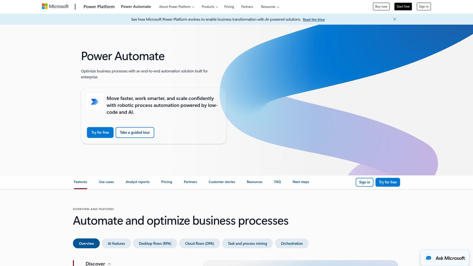 Microsoft Power Automate homepage