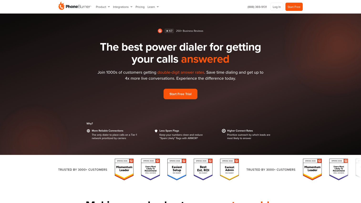 PhoneBurner homepage screenshot