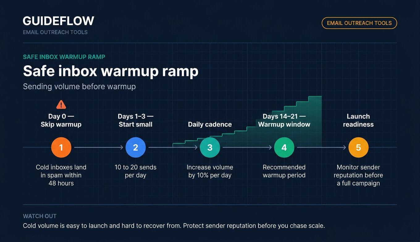 Email outreach warmup timeline showing safe inbox ramp from 10 to 20 sends per day over 14 to 21 days to avoid spam