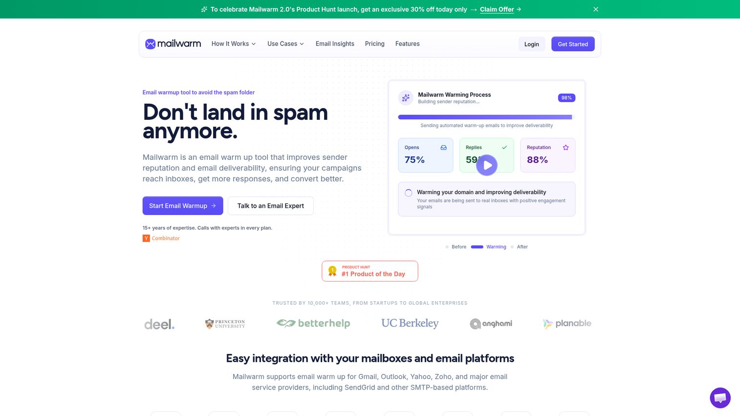 Mailwarm homepage showing email warm up tool