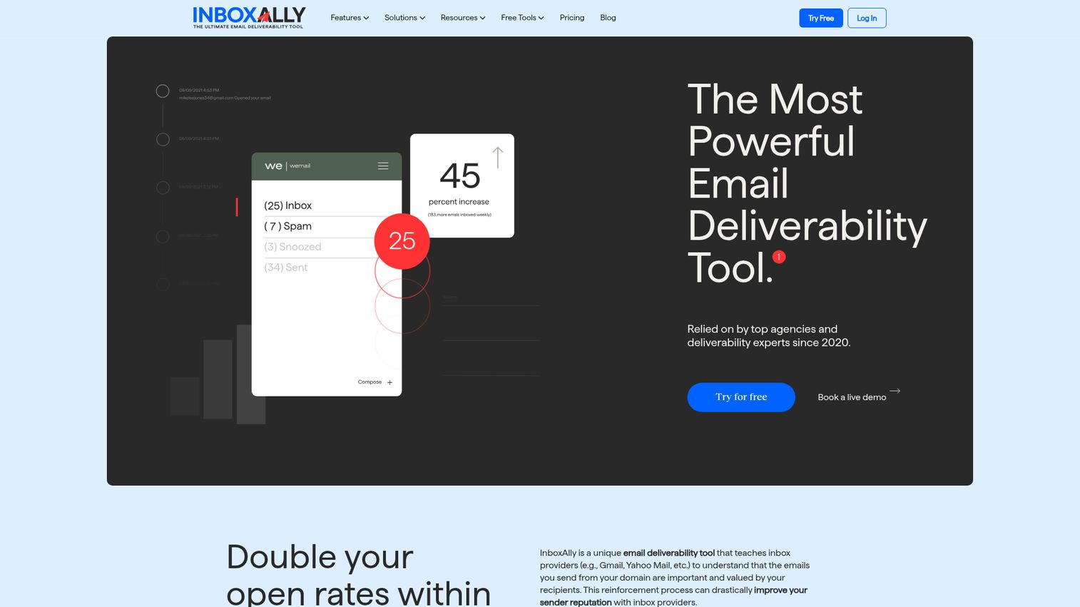 InboxAlly homepage showing email deliverability tool