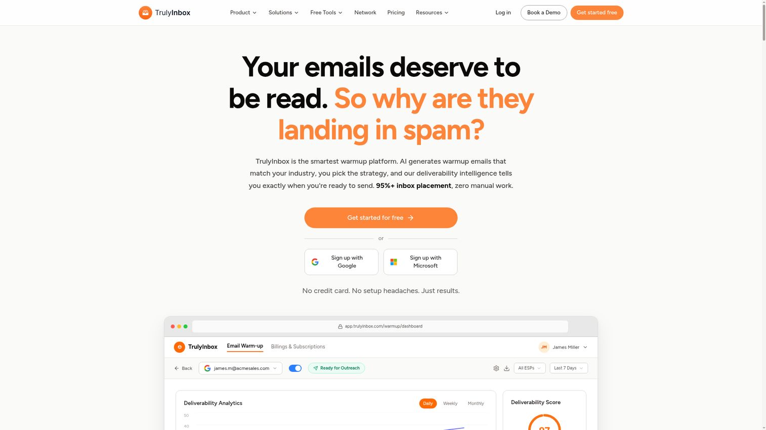 TrulyInbox homepage showing email warm-up tool