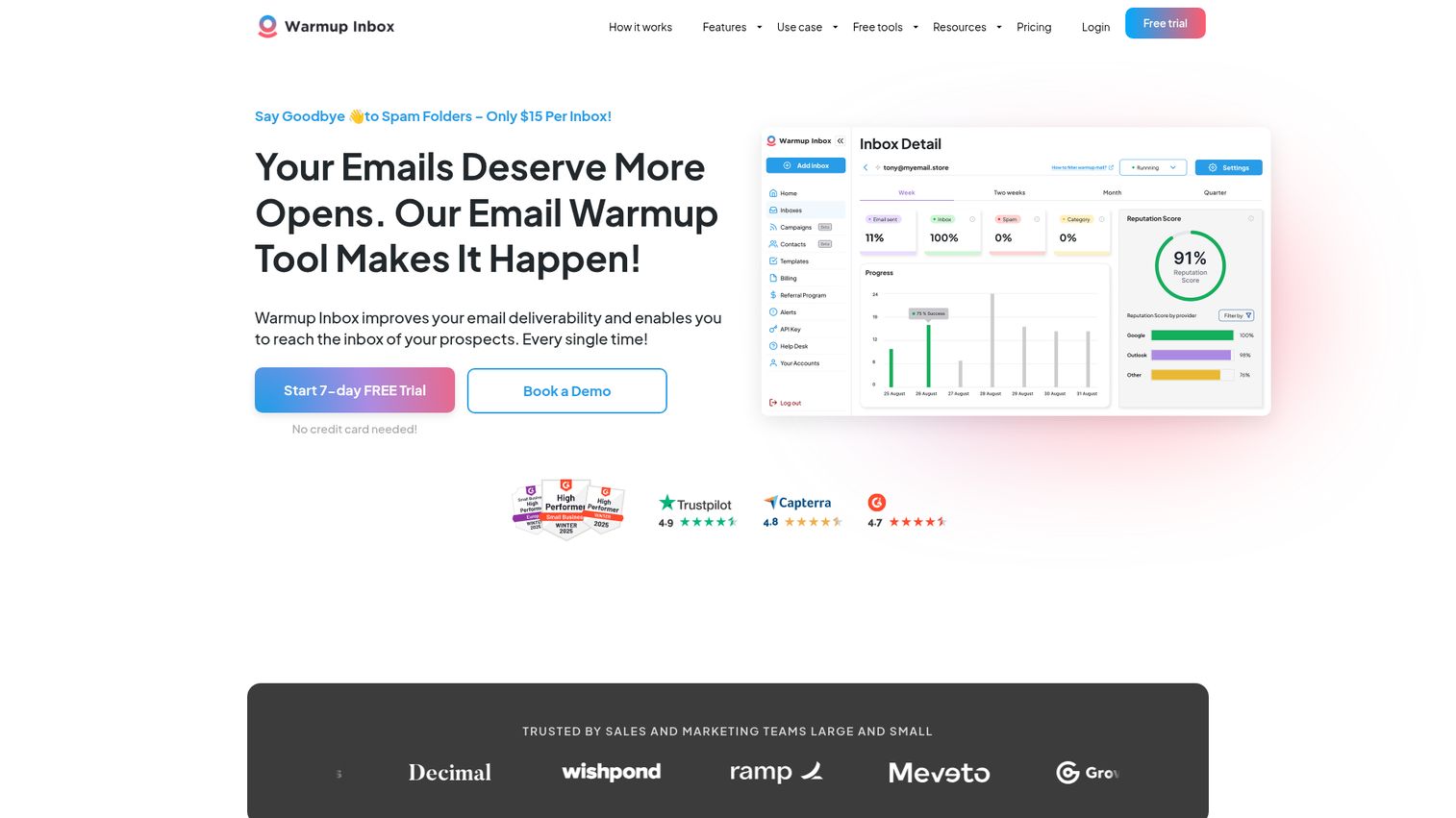 Warmup Inbox homepage showing email warmup dashboard
