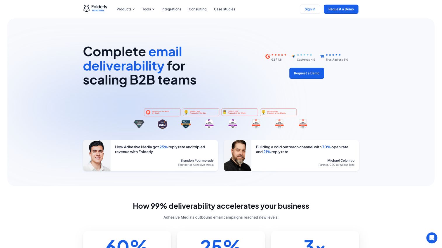 Folderly homepage showing email deliverability platform