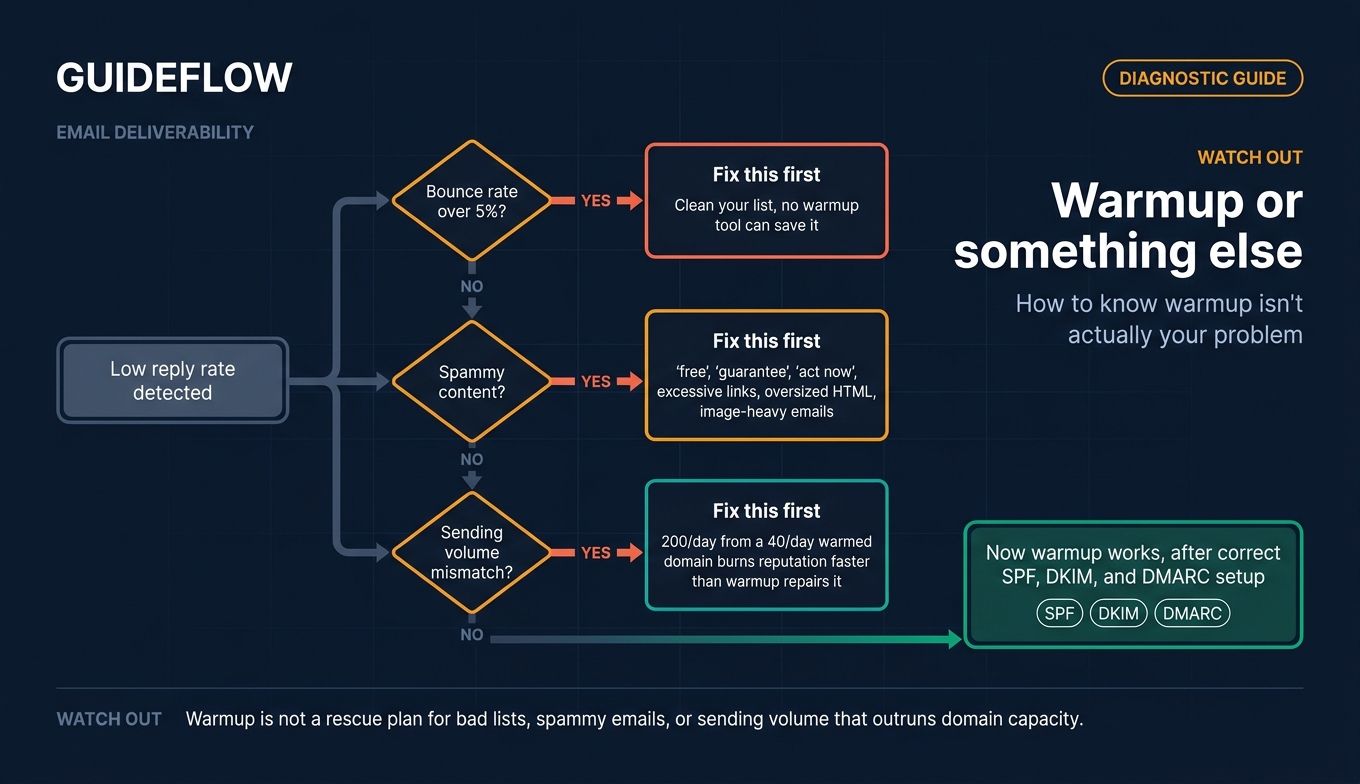 Email deliverability diagnostic flowchart showing when warmup is not the real problem