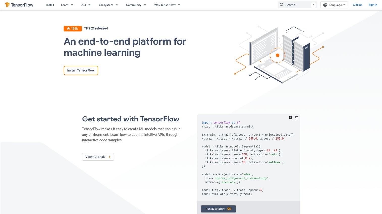 TensorFlow open-source machine learning platform homepage