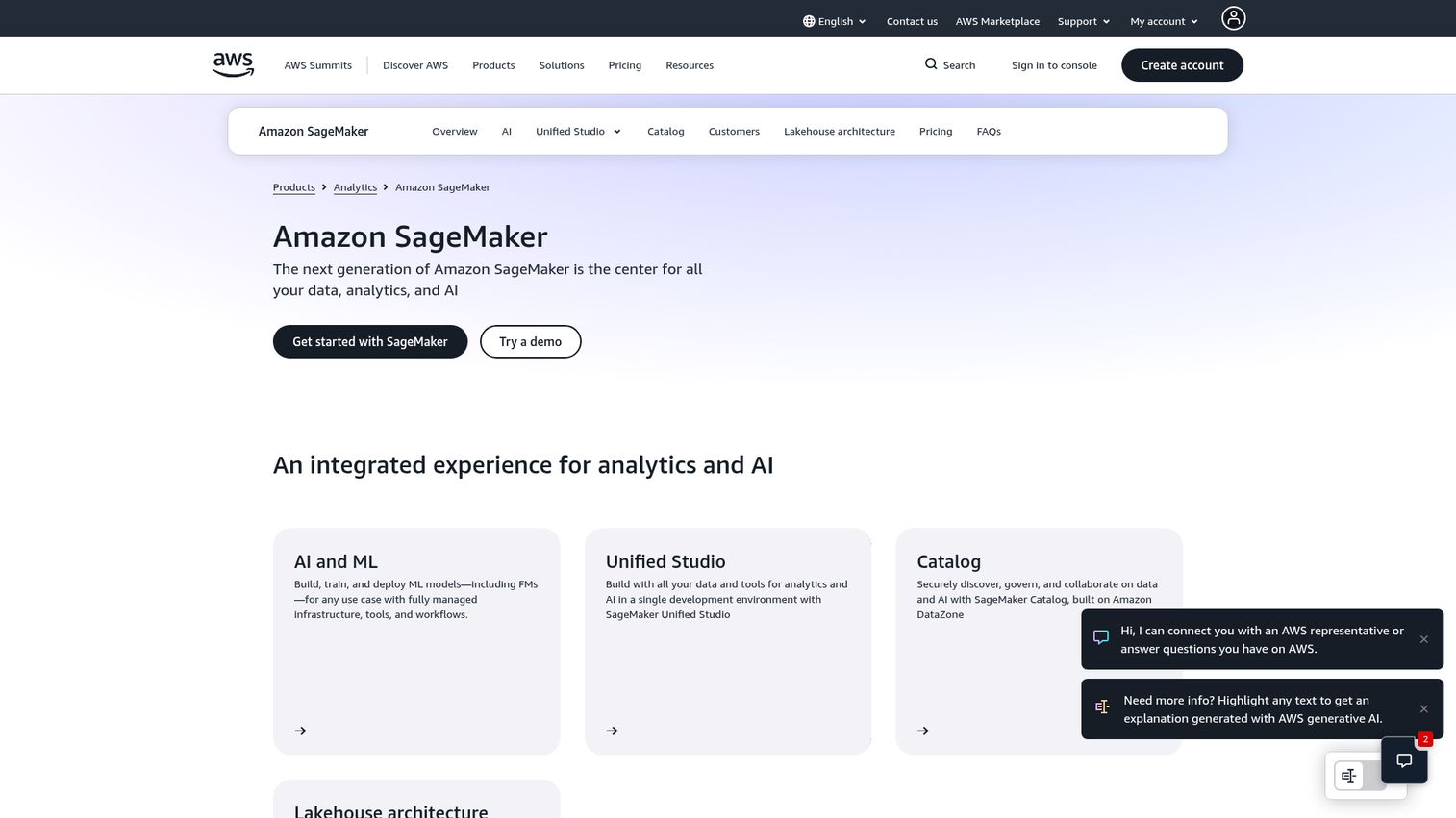 Amazon SageMaker machine learning platform homepage