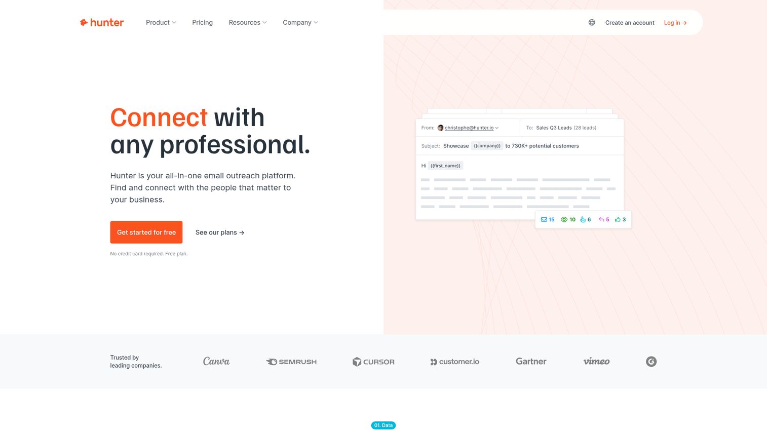 Hunter.io email finder homepage