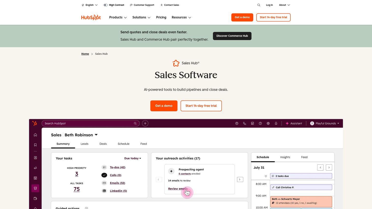 HubSpot Sales Hub homepage
