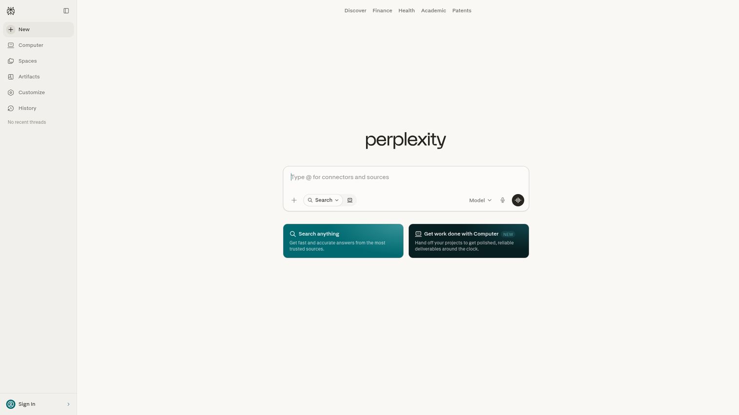 Perplexity AI search engine homepage