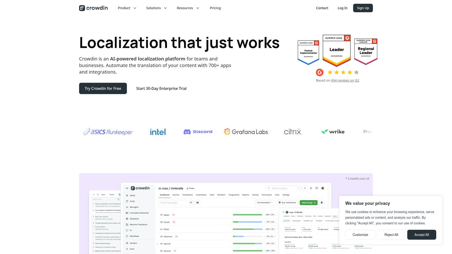 Crowdin localization platform homepage