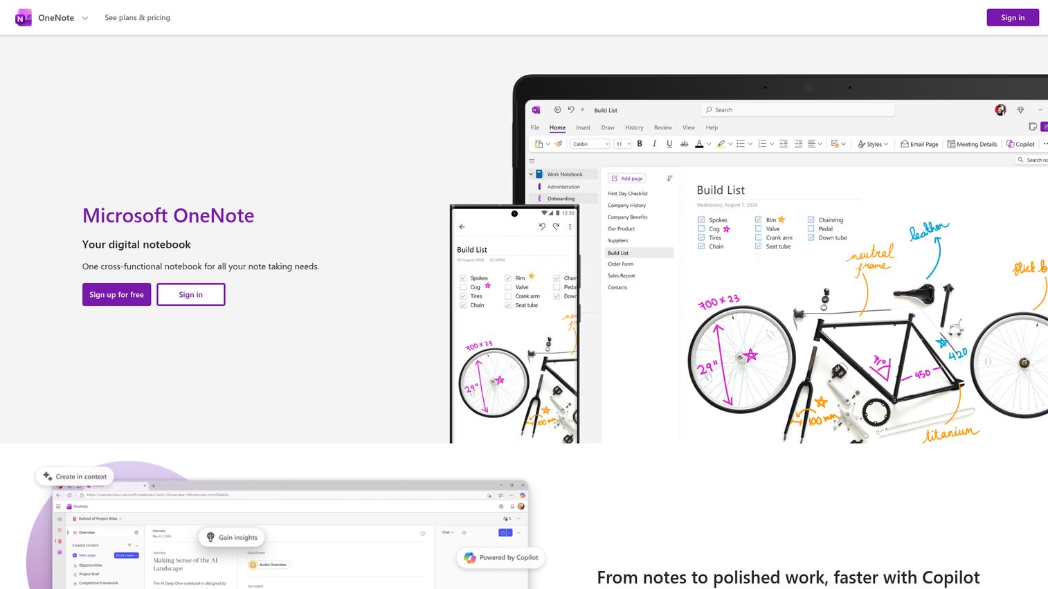 Microsoft OneNote interface and notebook view