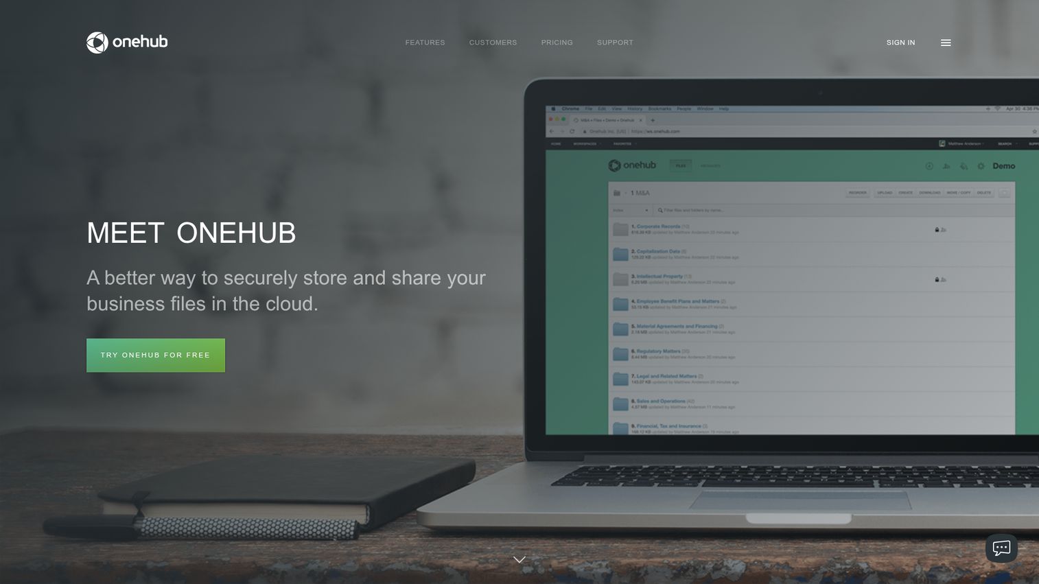 Onehub client portal homepage screenshot