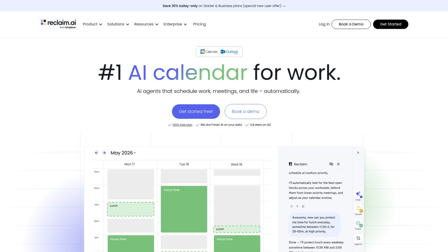 Reclaim AI focus time and smart scheduling interface