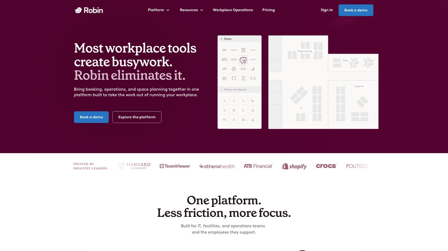 Robin workplace platform showing an interactive office map and desk booking