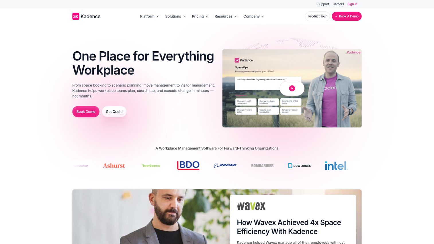 Kadence workplace operations platform showing team coordination and room booking