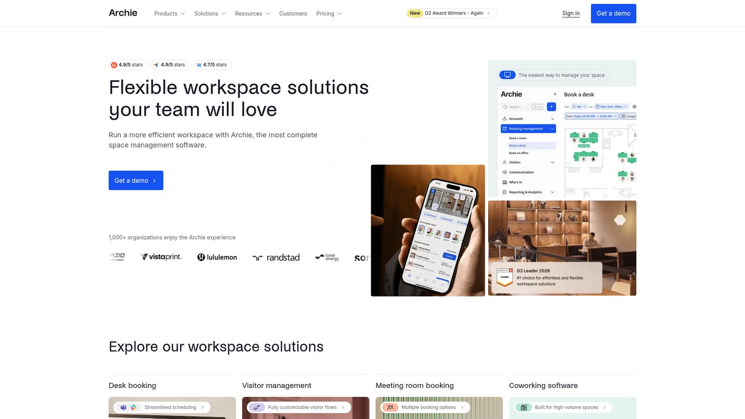 Archie workplace platform homepage showing room and desk booking for hybrid offices
