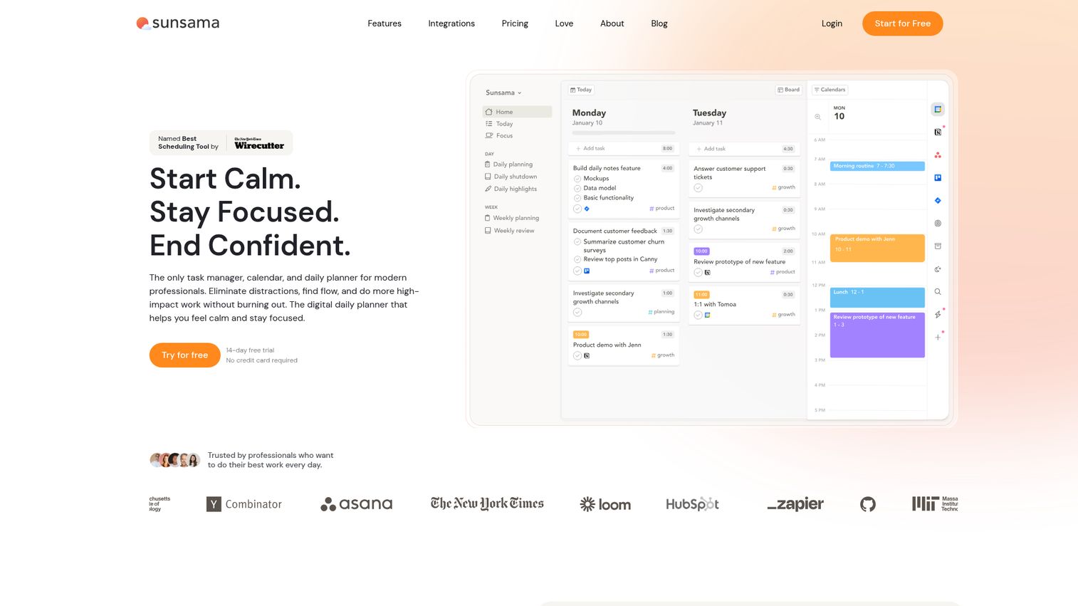 Sunsama daily planner unifying calendar, tasks, and time-blocking