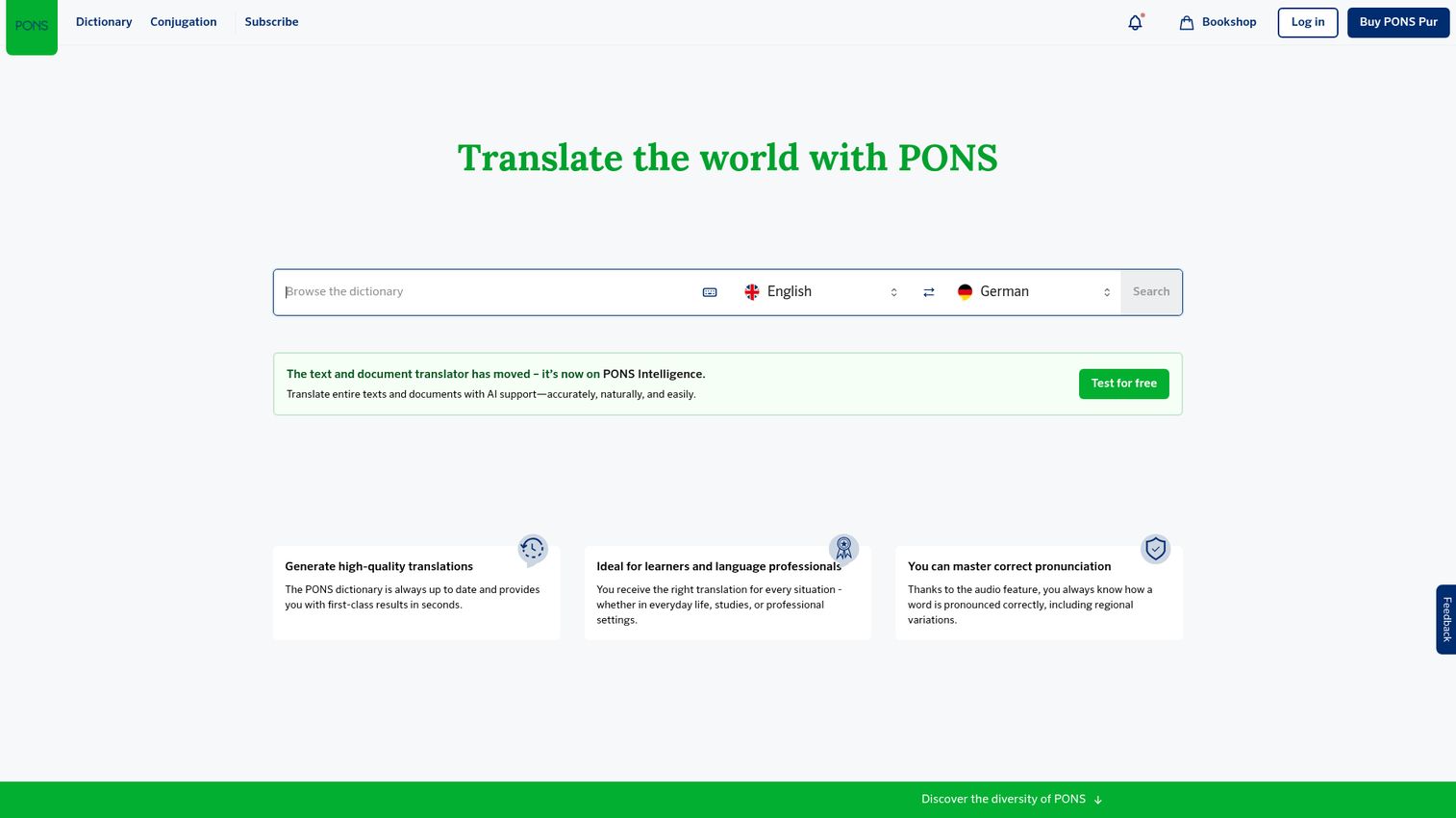 PONS Translator machine translation software interface