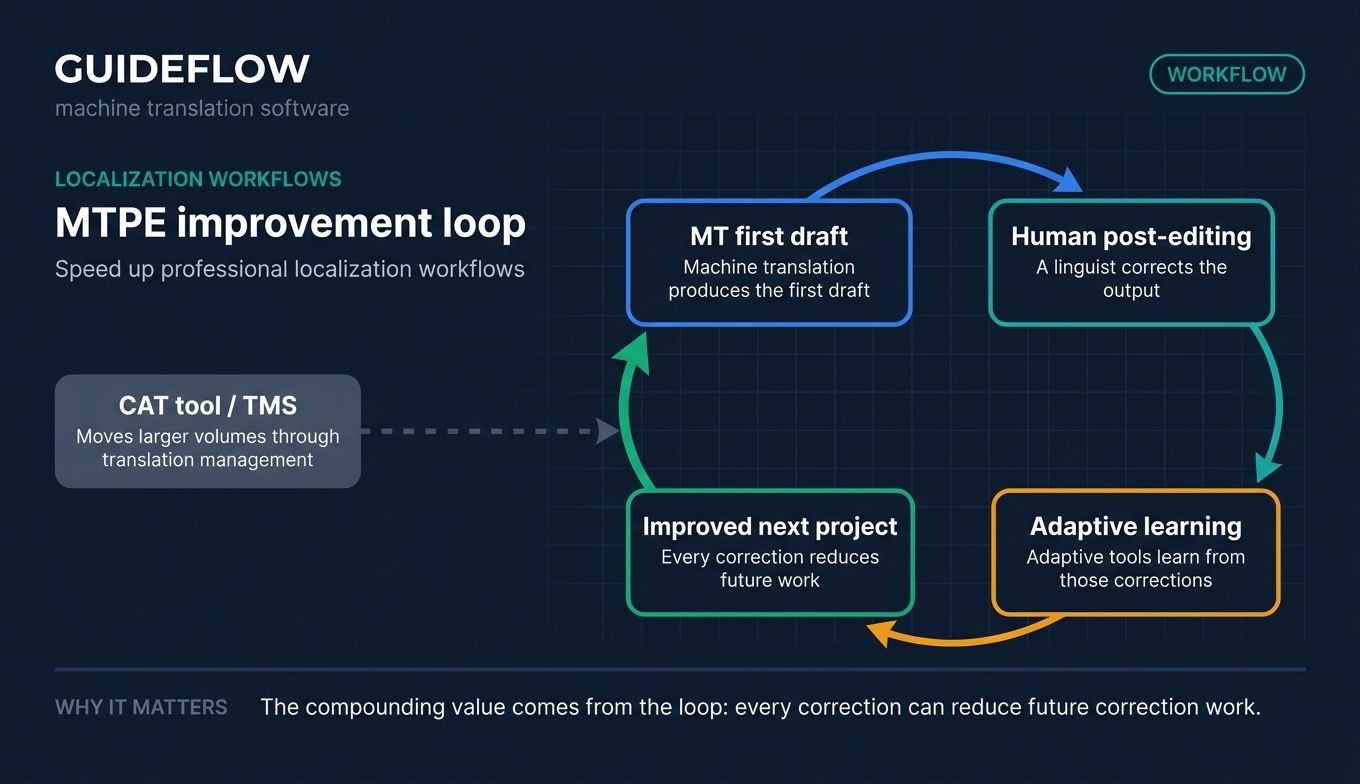 Machine translation post editing workflow diagram showing human review and adaptive learning loop