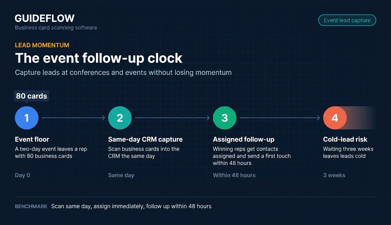 business card scanning software event follow-up timeline showing same-day CRM capture and 48-hour first touch