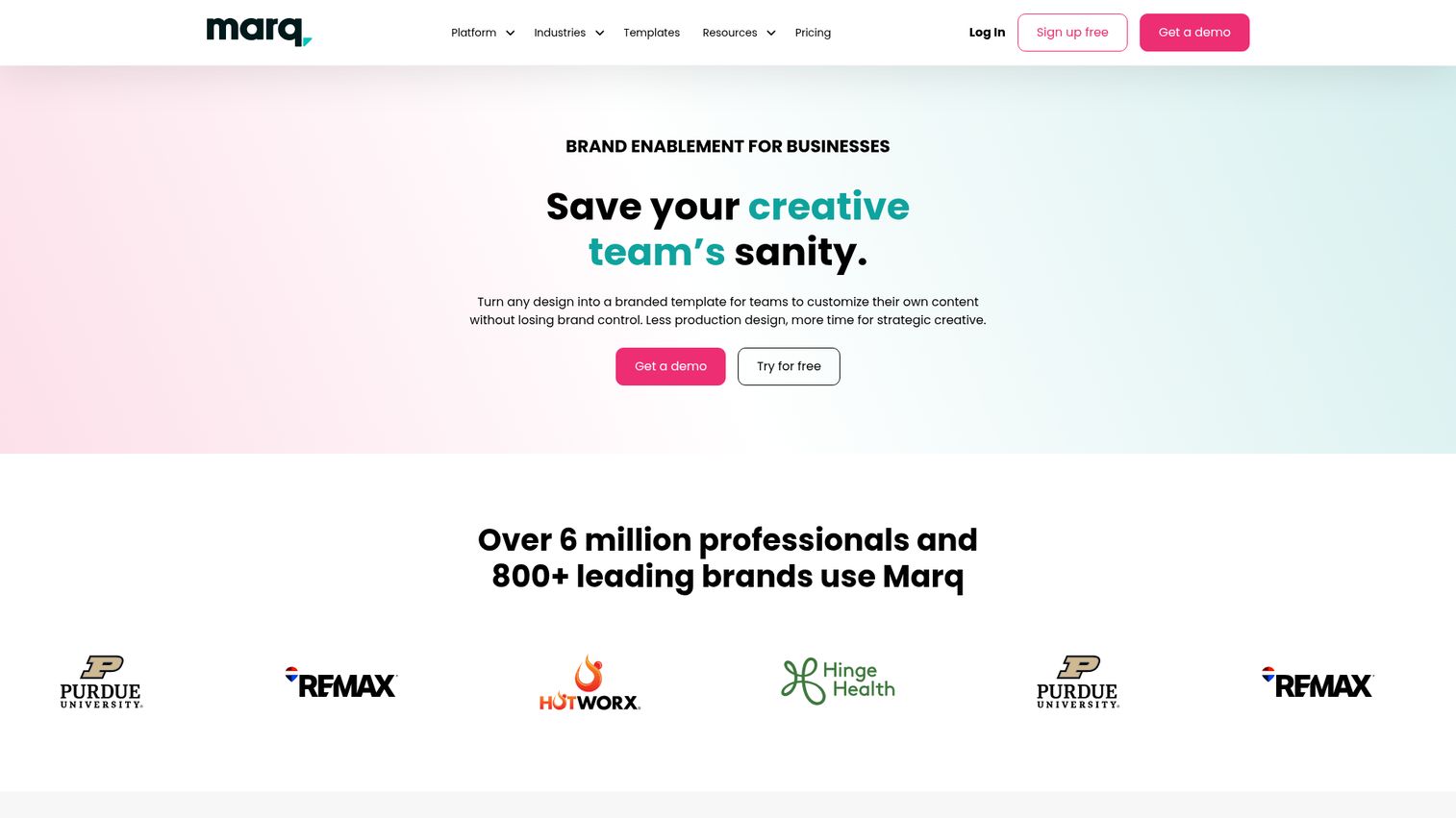 Marq brand enablement and templating platform homepage
