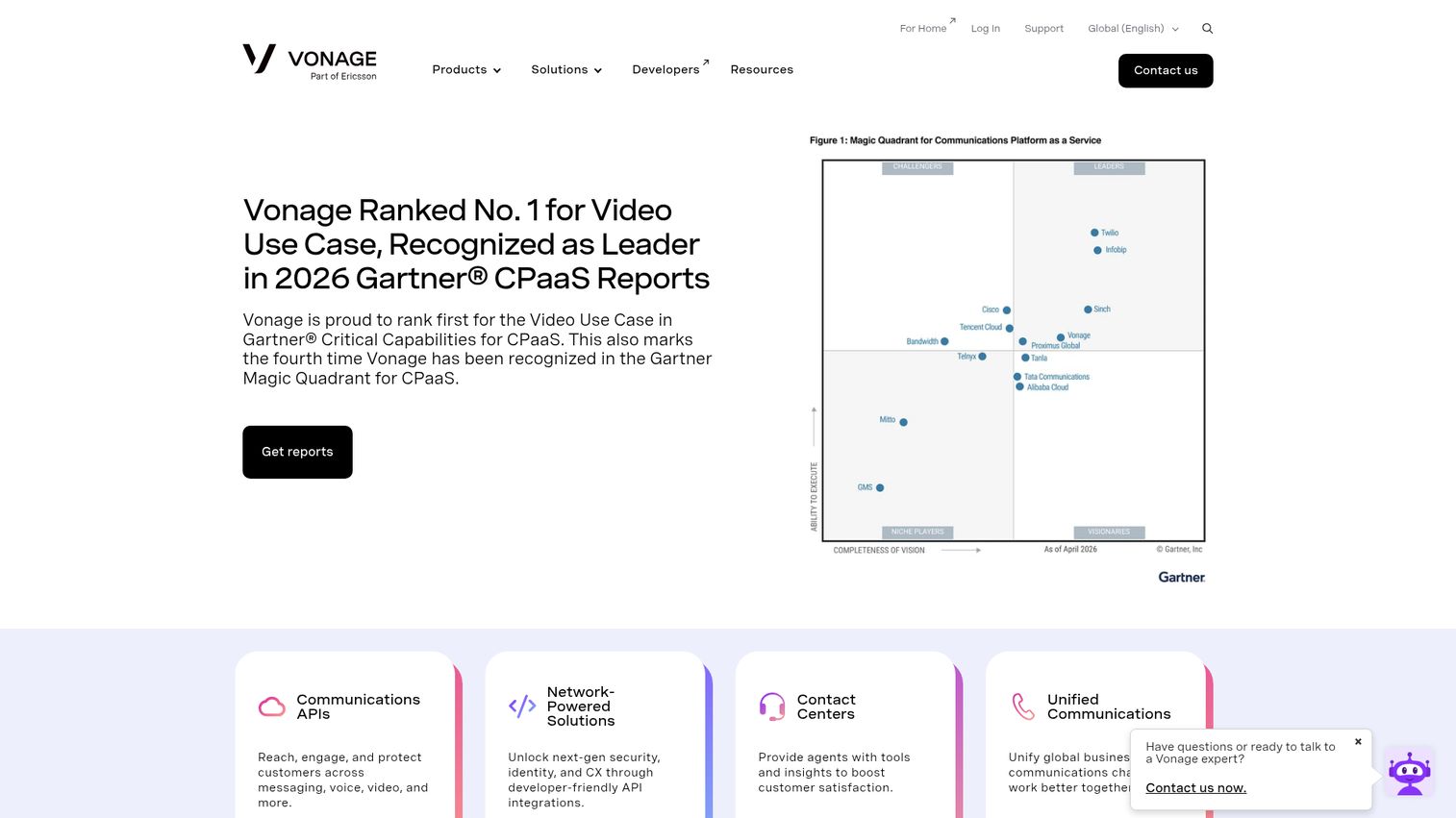 Vonage business communications platform homepage