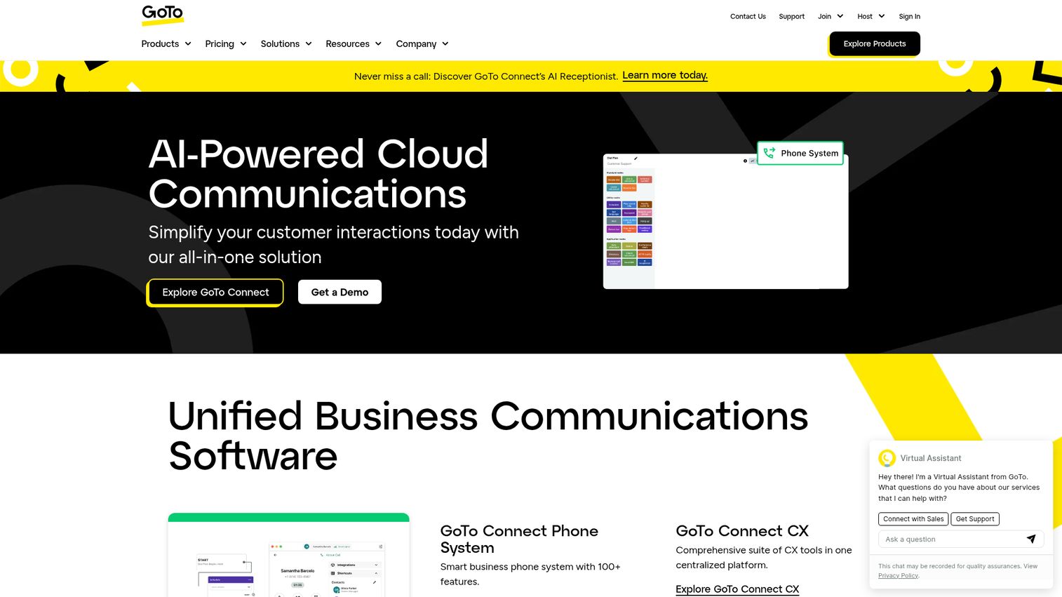 GoTo Connect cloud communications platform homepage