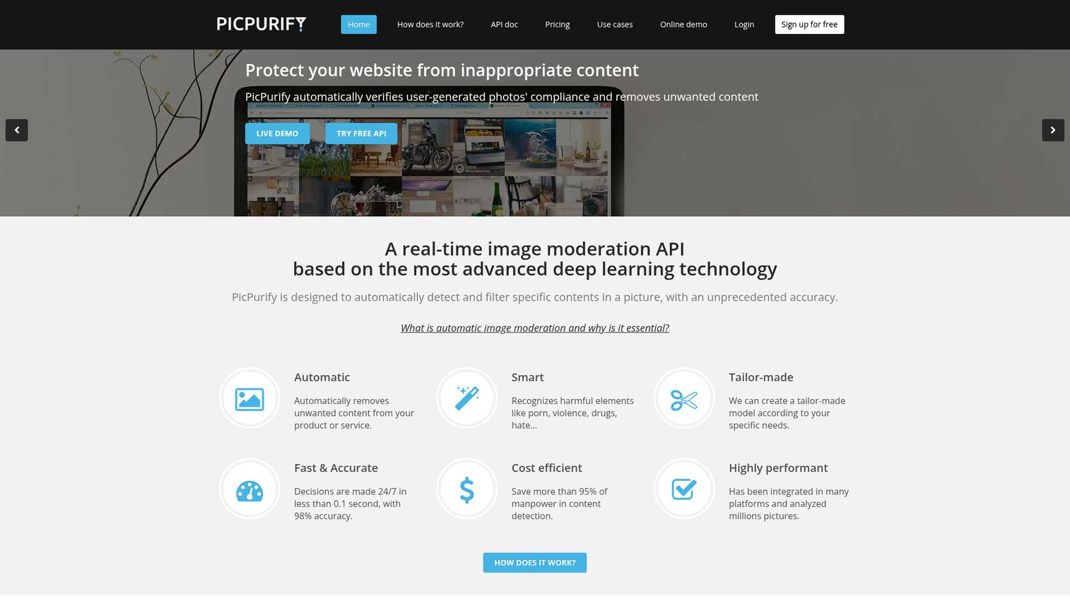 PicPurify real-time image moderation API homepage