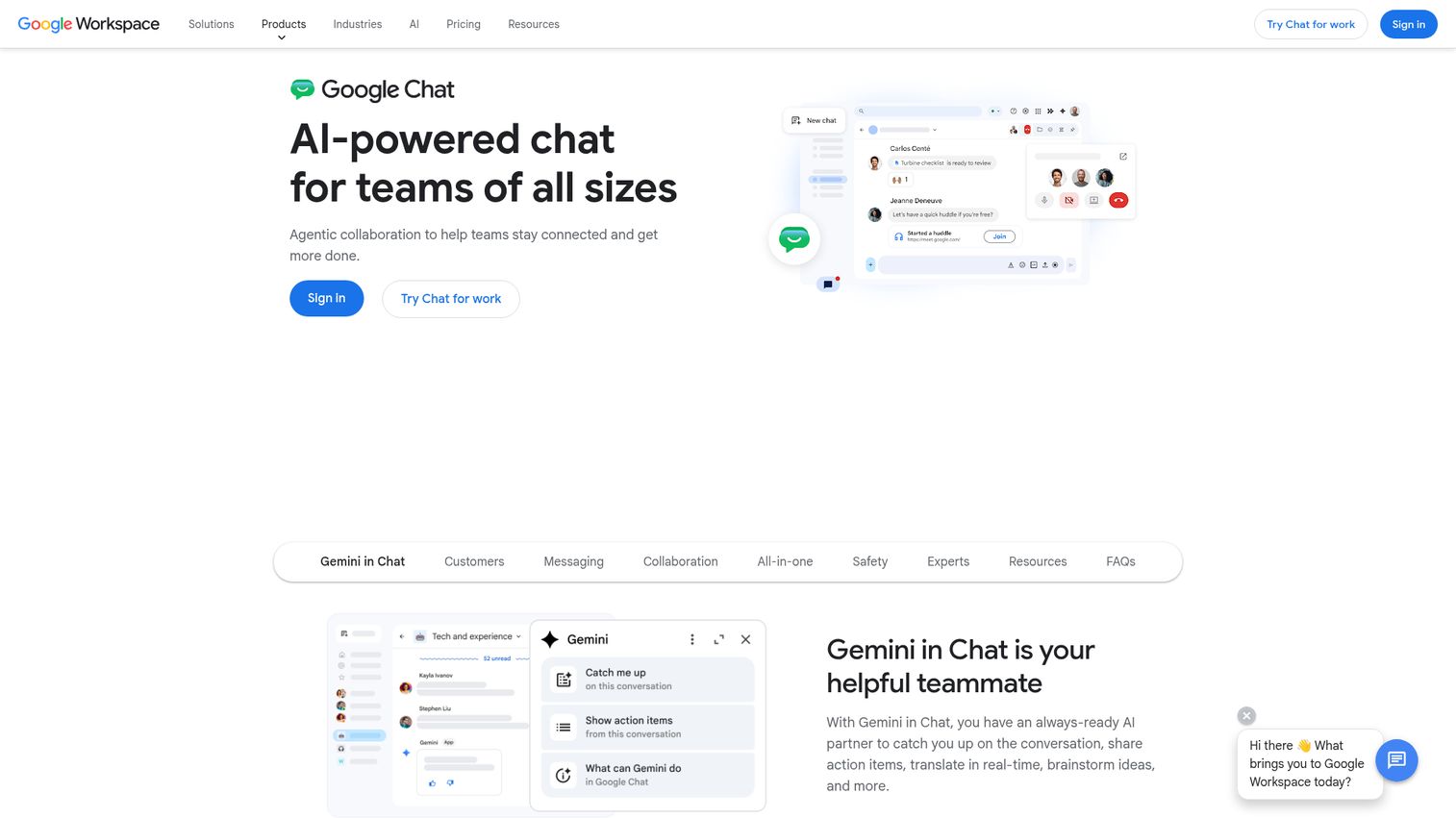 Google Chat team messaging software homepage