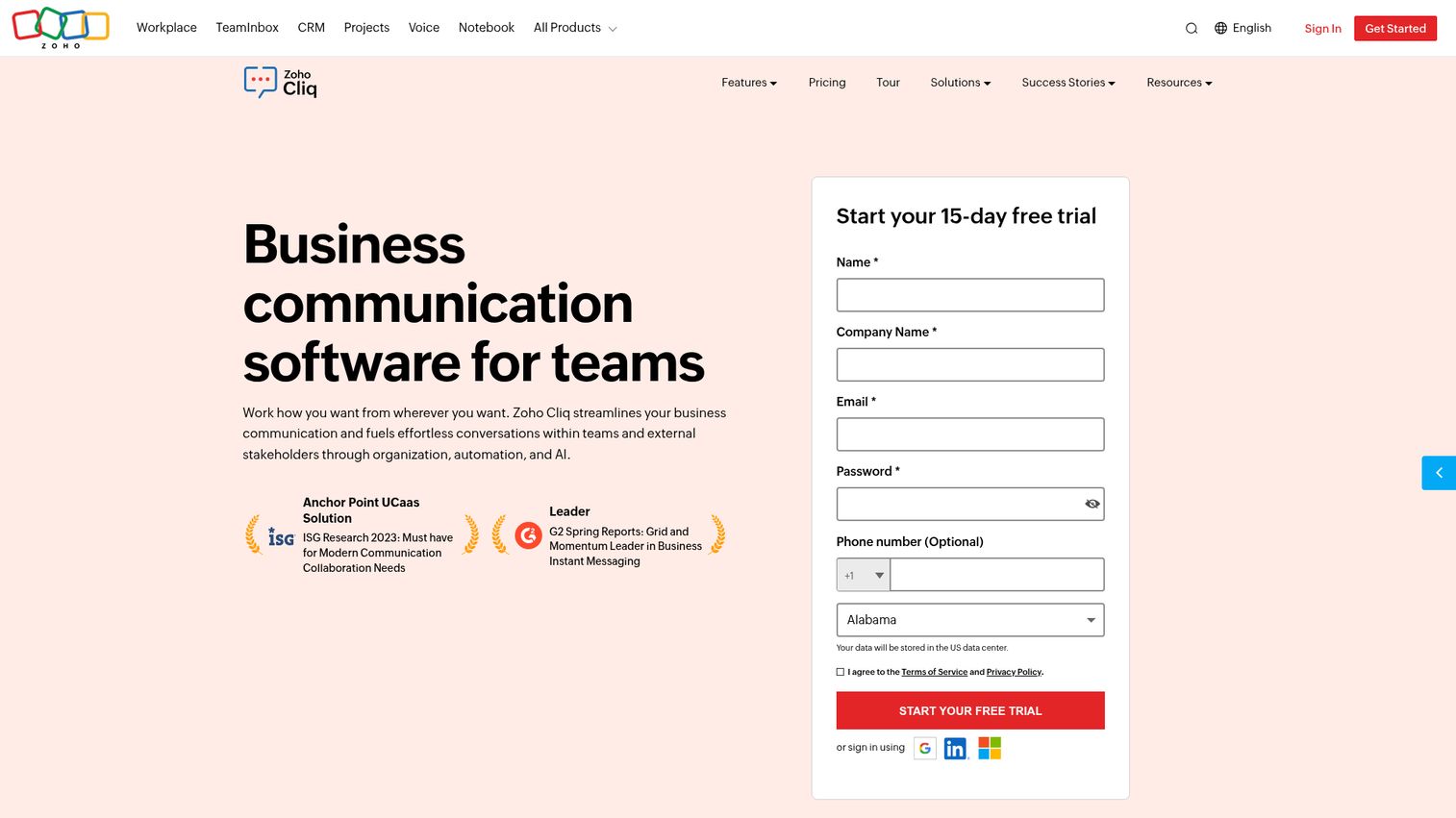 Zoho Cliq business communication software homepage