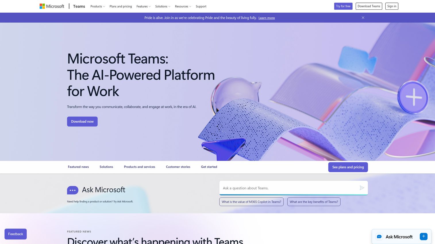 Microsoft Teams business chat software homepage