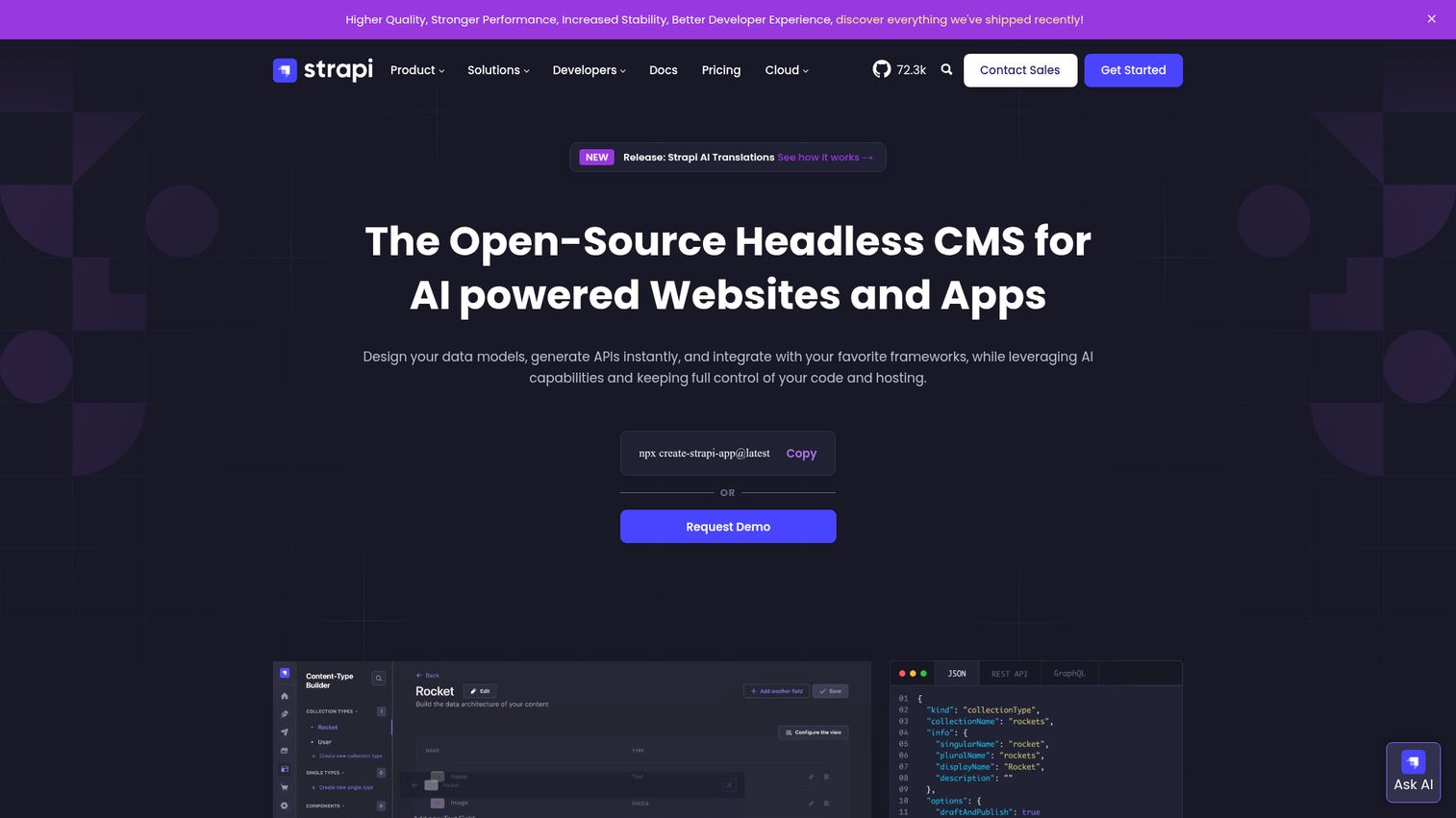 Strapi open source headless CMS homepage