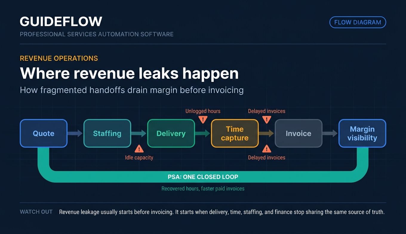 Professional services automation revenue leakage flow from quote to invoice