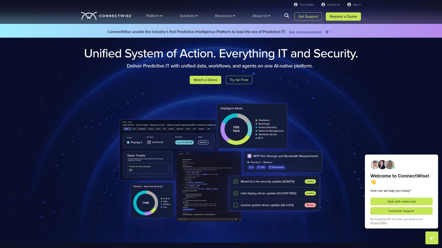 ConnectWise PSA ticketing and IT services management dashboard