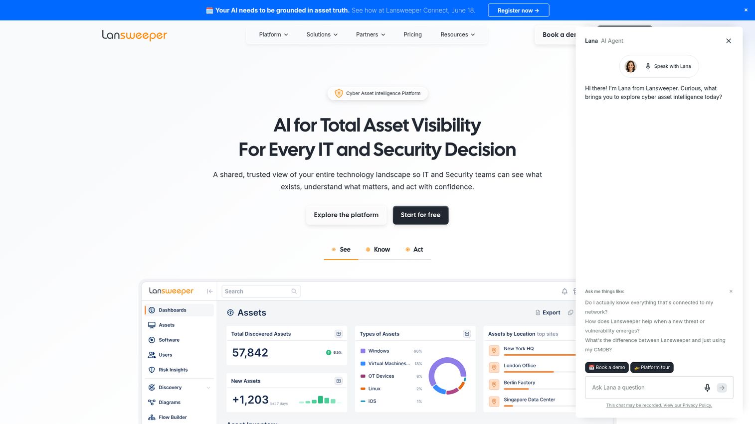 Lansweeper cyber asset intelligence platform homepage showing asset discovery and inventory
