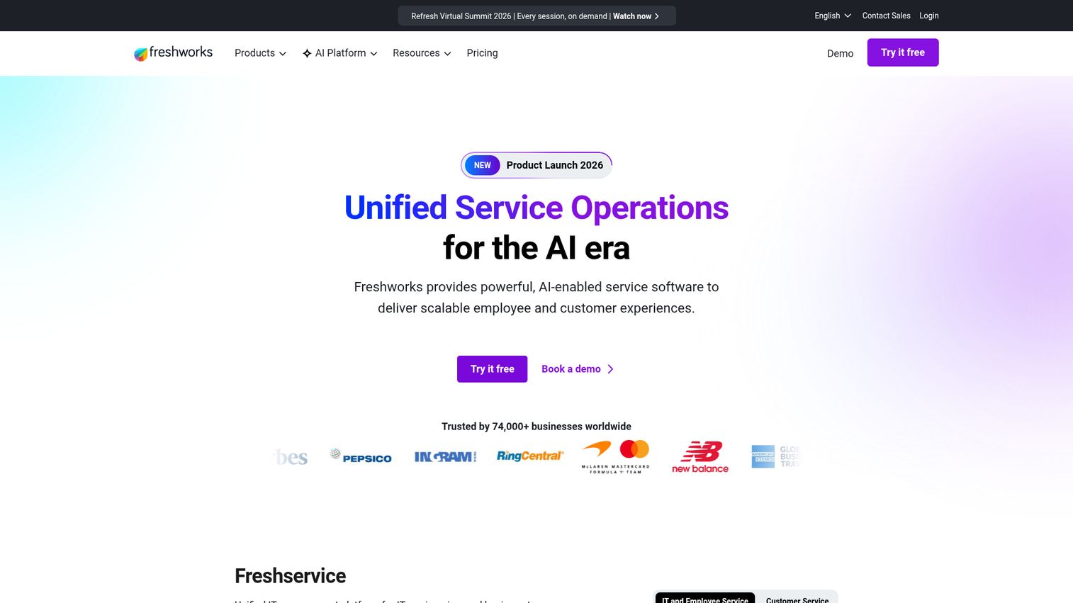 Freshservice AI-powered IT service management platform homepage