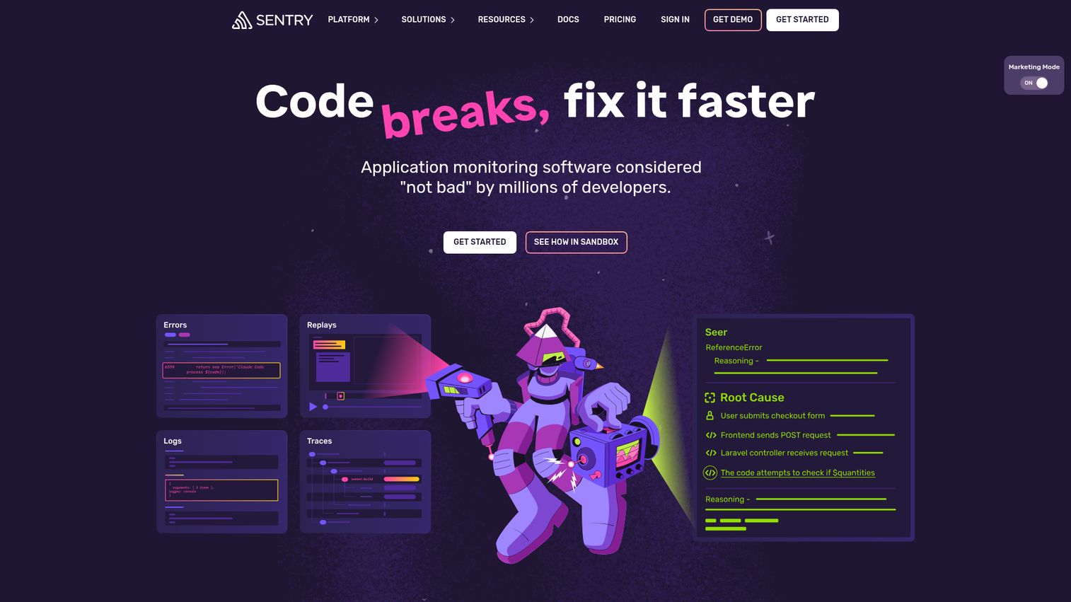 Sentry error and performance monitoring dashboard