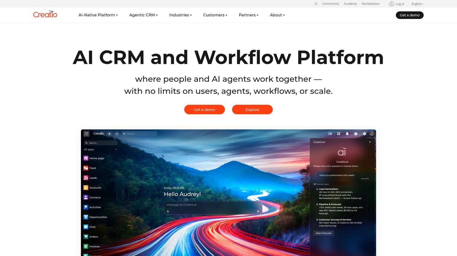 Creatio low-code CRM and process automation homepage